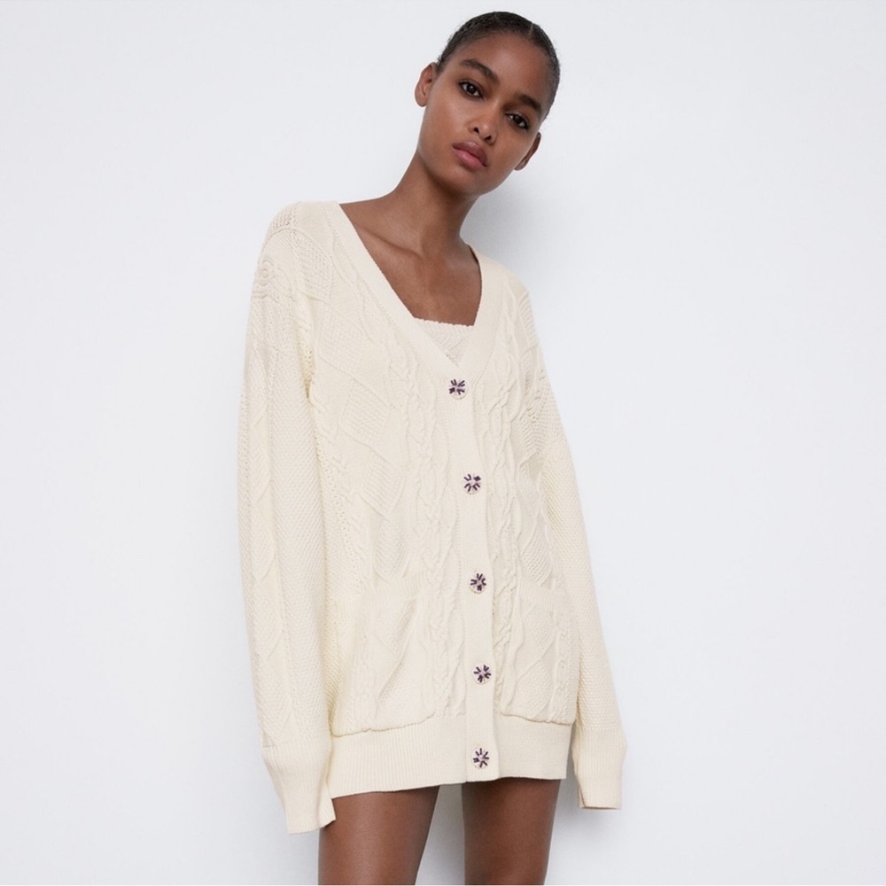 Zara Cable-Knit Cardigan with Embellished Buttons - Med